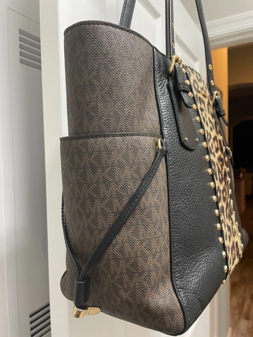 Michael Kors Black & Leopard-Print Studded Tote - Picture 5 of 13